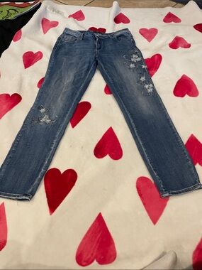 bebe Blue Straight-Leg Jeans with Floral Embroidery